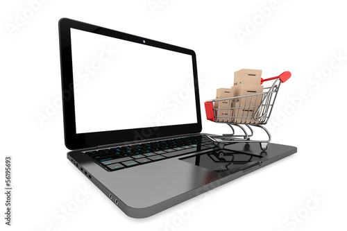 Illustration: Online shopping concept. Shopping Cart with Boxes over Laptop Online shopping concept. Shopping Cart with Boxes over Laptop