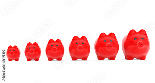 Illustration: Growing investment concept. Red Piggy Banks in row Growing investment concept. Red Piggy Banks in row