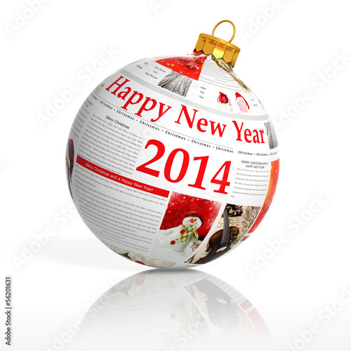 Illustration: Newspaper happy new year 2014 ball on white background Newspaper happy new year 2014 ball on white background