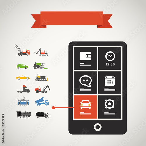 Vector: Modern mobile phone with transport silhouettes set Modern mobile phone with transport silhouettes set