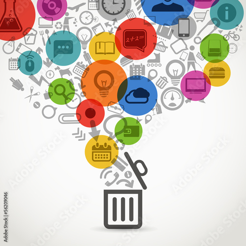 Vector: Different icons flows into garbage basket Different icons flows into garbage basket