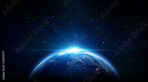 Illustration: blue sunrise, view of earth from space blue sunrise, view of earth from space