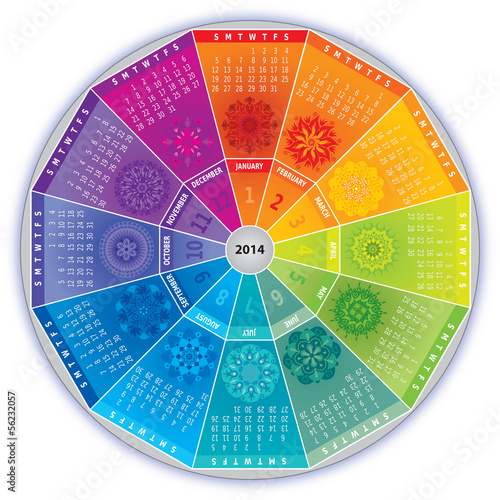 Vector: Calendrier 2014 avec Mandalas - Couleurs Arc-en-Ciel Calendrier 2014 avec Mandalas - Couleurs Arc-en-Ciel