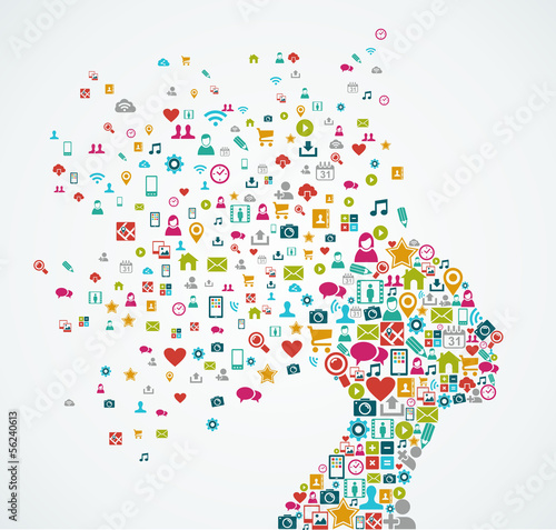 Vector: Female human head shape with social media icons design EPS10 fil Female human head shape with social media icons design EPS10 fil