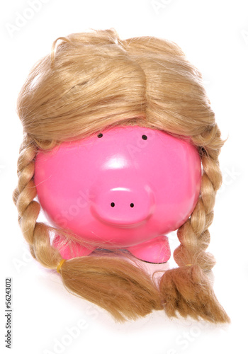 Photo: Piggybank wearing a girls wig Piggybank wearing a girls wig