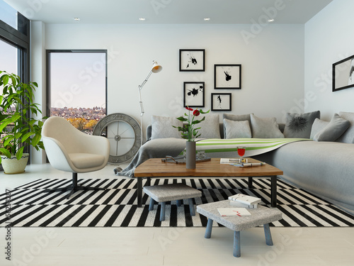 Illustration: Modern Living Room Interior with white furniture Modern Living Room Interior with white furniture