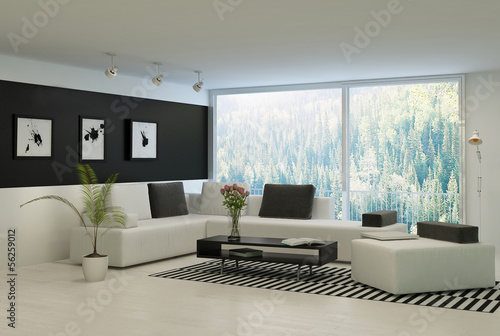 Illustration: Modern living room with huge floor to ceiling windows Modern living room with huge floor to ceiling windows