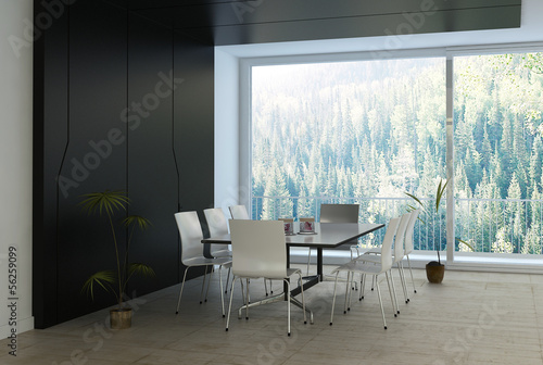 Illustration: Modern luxury black dining room with elegant white furniture Modern luxury black dining room with elegant white furniture
