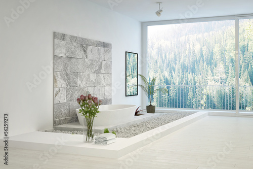 Illustration: Modern white In-Floor Bathroom with stone wall Modern white In-Floor Bathroom with stone wall