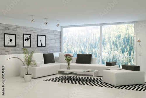 Illustration: Modern living room with stone wall and huge windows Modern living room with stone wall and huge windows