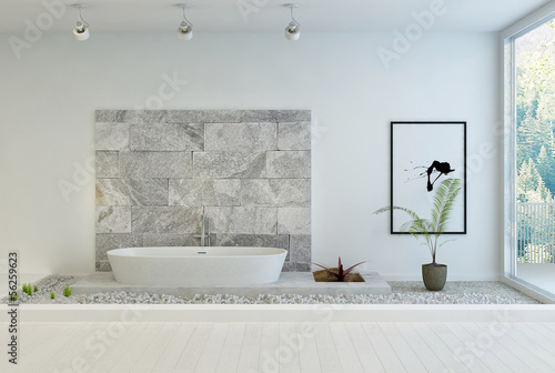 Illustration: Modern white In-Floor Bathroom with stone wall Modern white In-Floor Bathroom with stone wall