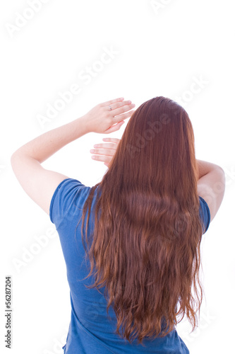 Photo: Woman protecting herself from aggression. Domestic violence. Woman protecting herself from aggression. Domestic violence.