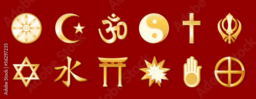 Vector: World Religions, 12 international faith symbols, beliefs, red World Religions, 12 international faith symbols, beliefs, red