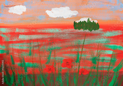 Illustration: child's picture of summer poppy field child's picture of summer poppy field
