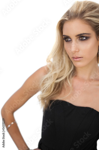 Photo: Gorgeous blonde model in black dress posing looking away Gorgeous blonde model in black dress posing looking away