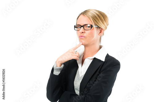 Photo: Young woman with white background thinking Young woman with white background thinking