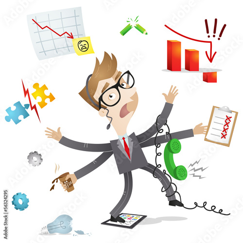 Vector: Businessman, multitasking, failing, no control Businessman, multitasking, failing, no control