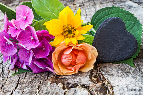Photo: Hortensie, Sonnenblume, Rose, Schieferherz,Textfreiraum Hortensie, Sonnenblume, Rose, Schieferherz,Textfreiraum