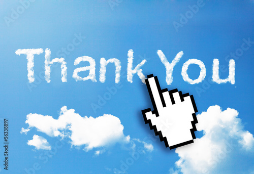 Photo: Digital icon hand click on "thank You" cloud word Digital icon hand click on "thank You" cloud word