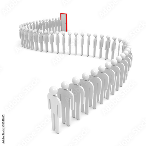 Illustration: A queue of abstract people waiting near the red door. 3d render A queue of abstract people waiting near the red door. 3d render