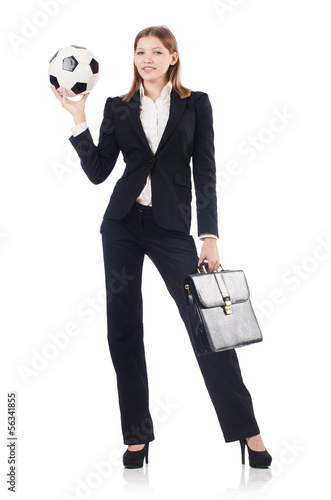 Photo: Businesswoman with ball on white Businesswoman with ball on white