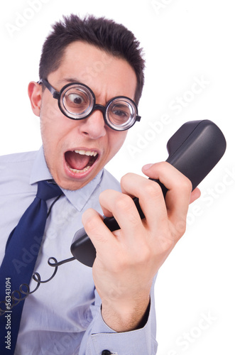 Photo: Crazy man with phone on white Crazy man with phone on white