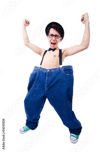 Photo: Funny man with trousers isolated on white Funny man with trousers isolated on white