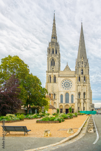 Photo: Chartres cathedral church medieval landmark front view, France Chartres cathedral church medieval landmark front view, France