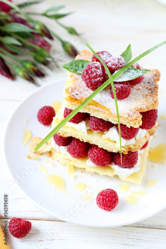Photo: raspberry dessert with cream air, millefeuille raspberry dessert with cream air, millefeuille