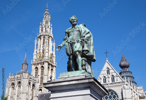 Photo: Antwerp - Statue of painter P. P. Rubens and tower of cathedra Antwerp - Statue of painter P. P. Rubens and tower of cathedra