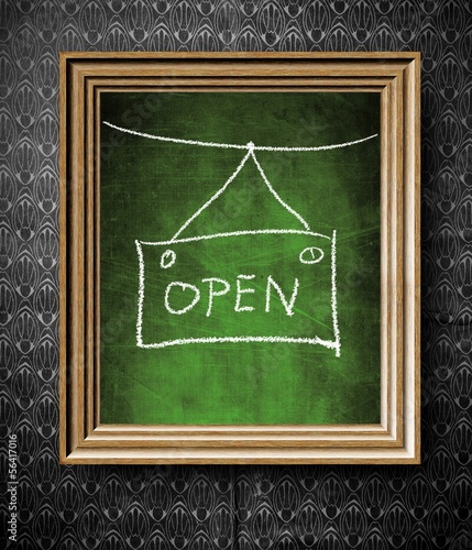 Illustration: Open sign chalkboard in old wooden frame Open sign chalkboard in old wooden frame