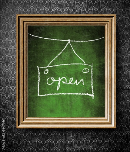 Illustration: Open sign chalkboard in old wooden frame Open sign chalkboard in old wooden frame