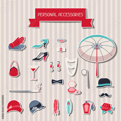 Vector: Retro personal accessories stickers of 1920s style. Retro personal accessories stickers of 1920s style.
