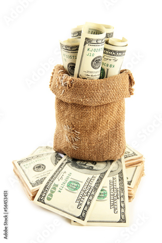 Photo: Money in bag isolated on white Money in bag isolated on white