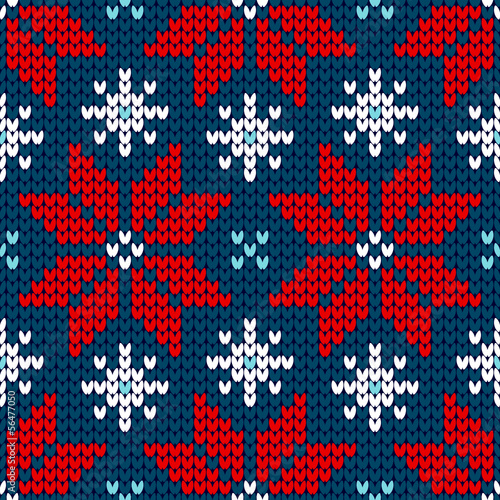 Vector: Seamless Pattern Knitted Poinsettia Red/Blue/White Seamless Pattern Knitted Poinsettia Red/Blue/White