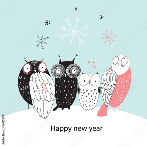 Vector: Winter card with owls Winter card with owls