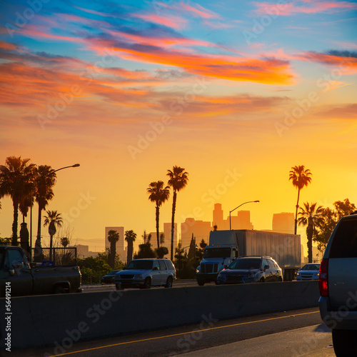 Photo: LA Los Angeles sunset skyline with traffic California LA Los Angeles sunset skyline with traffic California