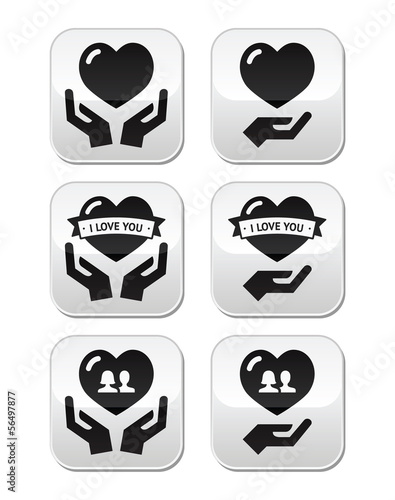 Vector: Hands with heart, love, relationship buttons set Hands with heart, love, relationship buttons set
