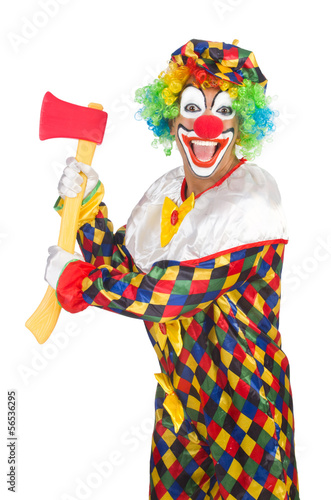Photo: Clown with axe isolated on white Clown with axe isolated on white
