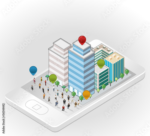 Vector: people in the street of a isometric city over smart phone people in the street of a isometric city over smart phone
