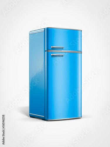 Illustration: old vintage retro blue refrigerator in perspective view old vintage retro blue refrigerator in perspective view