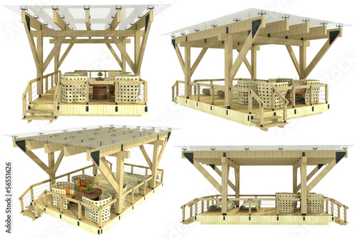Illustration: 3d model of a wooden pergola on a white background 3d model of a wooden pergola on a white background