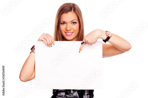 Photo: Young woman with blank paper Young woman with blank paper