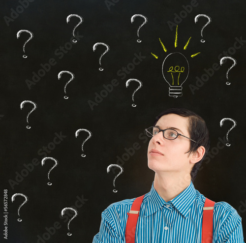 Photo: Nerd businessman chalk exclamation marks ideas Nerd businessman chalk exclamation marks ideas