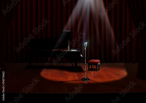 Illustration: Piano and Microphone under spotlight with Red Curtains Piano and Microphone under spotlight with Red Curtains