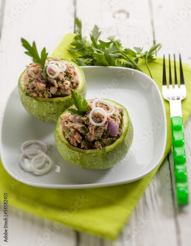 Photo: zucchinis stuffed with tuna and onions, selective focus zucchinis stuffed with tuna and onions, selective focus