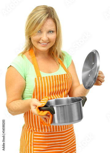 Photo: Woman with pan, isolated on white Woman with pan, isolated on white