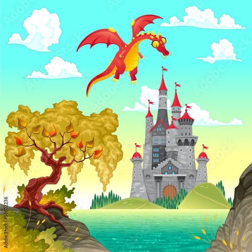 Vector: Fantasy landscape with castle and dragon. Fantasy landscape with castle and dragon.