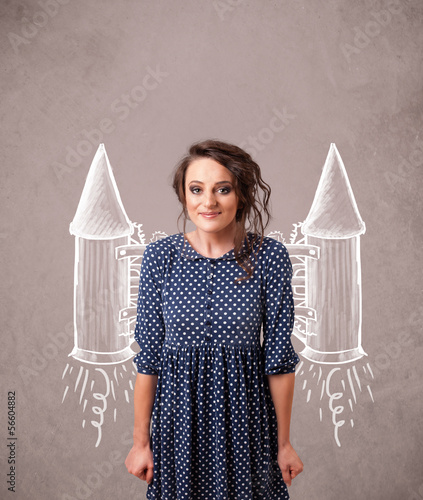 Photo: Cute girl with jet pack rocket drawing illustration Cute girl with jet pack rocket drawing illustration