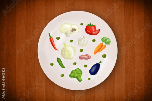 Photo: Colorful plate with hand drawn icons, symbols, vegetables and fr Colorful plate with hand drawn icons, symbols, vegetables and fr